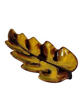 Blue Mountain Pottery Leaf Shaped Dish Yellow & Brown Glaze 13.5" Long